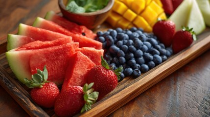 Fresh fruit platter with vibrant watermelon slices, blueberries, strawberries, and mango. Healthy dessert or snack. Summer tropical food concept.