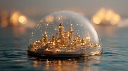 Magical fantasy city inside a glass dome floating on water. Mysterious golden cityscape glowing at sunset. Creative illustration for fairy tale or dream concept.