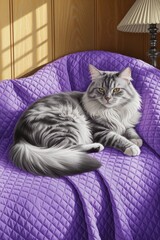 A beautiful silver tabby cat lounges on a purple quilt, basking in soft light from a nearby window, creating a cozy and inviting atmosphere.