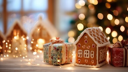 Gingerbread house and colorful gift box with fairy lights on wooden table. Christmas and New Year holiday celebration background. Winter season decoration.
