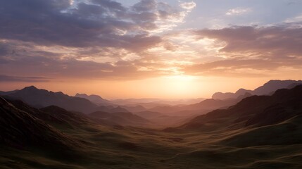 Obraz premium Majestic mountain range bathed in the warm glow of a vibrant sunrise casting long shadows across rolling valleys