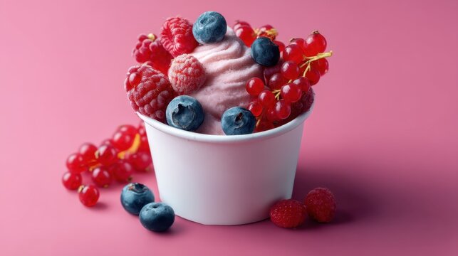 Frozen yogurt with fresh berries in white cup. Refreshing dessert with raspberry, blueberry, and red currant. Healthy summer snack. - Powered by Adobe