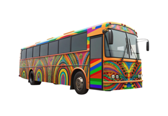 Psychedelic painted bus with rainbow stripes and intricate decorative artwork design, isolated on a transparent background