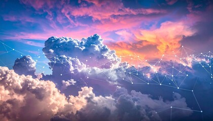 Colorful sky with dramatic clouds and digital network overlay symbolizing cloud computing and fusion of nature and technology