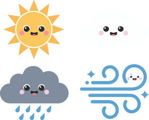 Cute weather forecast icons set with sun cloud rain and wind vector illustration and happy smiling faces with blushing cheeks