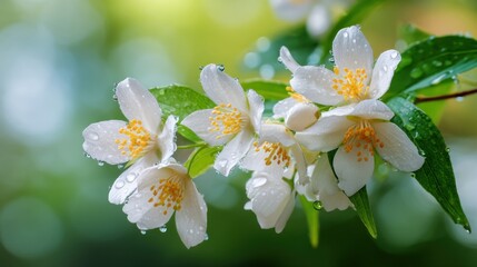 Close up of a jasmine flower branch with water drops in a natural garden setting. Freshness and purity concept for spring and summer season.
