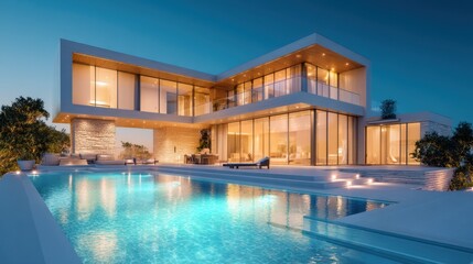 Fototapeta premium Luxury modern villa with swimming pool at twilight. Contemporary architecture and design for a dream home or high-end resort.