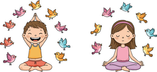 Happy boy and calm girl meditating with flying birds, kids yoga vector illustration.
