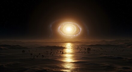 Spectacular spiral galaxy rising over an alien planet landscape horizon view