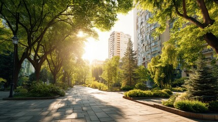 Sunlight shining through green trees in a city park with buildings in the background. Urban nature and summer cityscape.