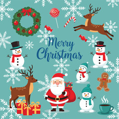 Merry Christmas Cartoon Vector Collection: Cute Santa, Snowmen, Reindeer, Wreath, Candy Cane, Gingerbread Man, and Gifts on a Snowflake Background Holiday Set.