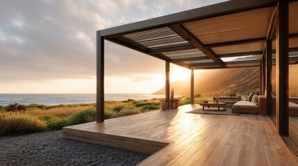 Fototapeta premium Modern outdoor patio with wooden deck and louvered roof overlooking the ocean at sunset. Luxury terrace design for relaxation and coastal living.