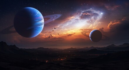 Spectacular view of planets over alien landscape with vivid nebula