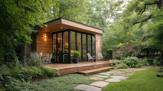 Modern wooden tiny house with large glass windows and outdoor deck in lush green garden. Backyard studio apartment surrounded by nature.