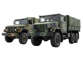Obraz premium Two olive military cargo trucks side by side, isolated on a transparent background