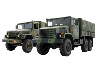 Two olive military cargo trucks side by side, isolated on a transparent background