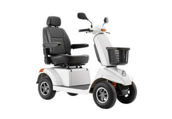 White mobility scooter with black seat basket, isolated on a transparent background