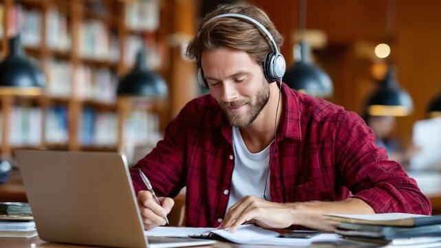 Concentrated Learning: A focused individual, adorned with headphones, engages in a moment of studious dedication, capturing the essence of focused learning and intellectual engagement.
