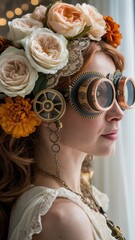 A woman adorned with flowers and steampunk goggles, showcasing a unique blend of vintage style and creative fashion.
