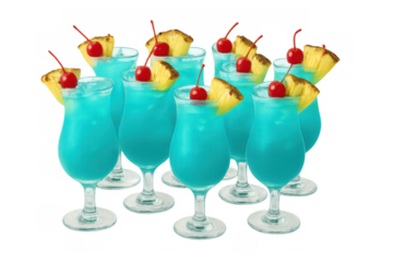 Blue cocktails creating a group for a tropical summer party, celebrating refreshing drinks, alcohol, and celebrations