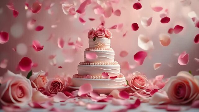 A beautifully decorated wedding cake sits elegantly in the center, surrounded by falling rose petals.