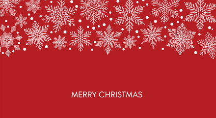 Merry Christmas Winter Vector Background: Rich Red Horizontal Template with Large Detailed White Snowflakes and Falling Snow Border for Holiday Greeting Card and Banner Design.