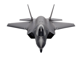 Military stealth aircraft with dual vertical stabilizers top frontal perspective, isolated on a transparent background