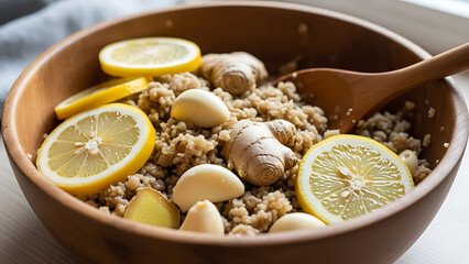 Bowl of natural home made remedy for immune system with lemon and ginger with garlic 15765565 1