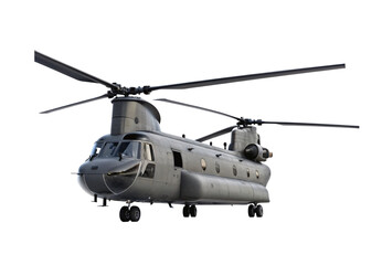 Twin-rotor military cargo helicopter, isolated on a transparent background