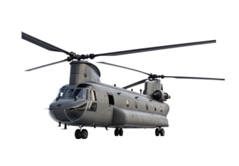 Twin-rotor military cargo helicopter, isolated on a transparent background