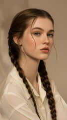 A close-up portrait of a young woman with long braided hair, wearing a light-colored shirt, exuding a calm and serene expression against a soft background.