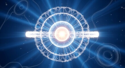 Stunning detailed cell nucleus illustration for science, medicine, research, and technology projects with dynamic bright blue light effects and glowing center