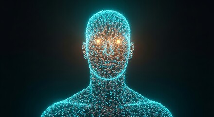 Futuristic glowing digital human figure with glowing eyes, embodying AI and technology, perfect for science, innovation, or high-tech concepts