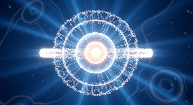 Stunning detailed cell nucleus illustration for science, medicine, research, and technology projects with dynamic bright blue light effects and glowing center - Powered by Adobe