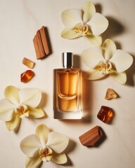 A stylish perfume bottle surrounded by orchids, wooden pieces, and amber stones, creating an elegant and aromatic display.