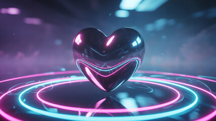 Chrome heart surrounded by neon circles on reflective ground in abstract digital rendering