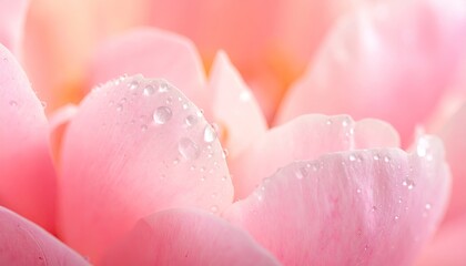 Close-up Macro Shot of Delicate Pink Flower Petals Covered in Dew Drops on a Softly Lit Background