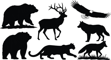 Wildlife animal silhouette collection featuring brown bear, elk, bald eagle, wolf, cougar, and fox figures in various poses, isolated vector illustration set.