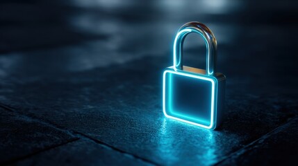 Blue glowing padlock on dark background. Cybersecurity and digital data protection concept. Secure internet network with copy space.