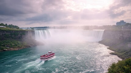 Fototapeta premium Tourist boat navigating the river near Niagara Falls, with water mist and natural landscape. Famous landmark for travel and vacation.