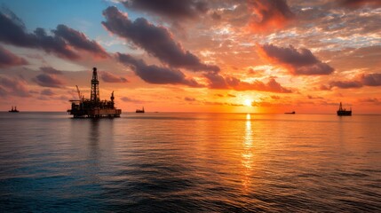 Offshore oil drilling rig at sunset. Exploration platform on ocean for energy industry. Global oil and gas production concept.