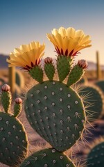 A vibrant cactus with yellow flowers, showcasing spiky pads under a warm sunset, representing desert beauty and resilience.