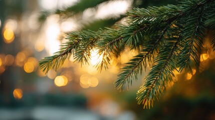 Pine tree branch with sun shining through needles, creating warm bokeh background. Winter nature scene or festive Christmas holiday concept.