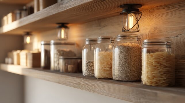 Kitchen pantry shelf with glass jars filled with dry food products. Rustic home organization concept for cooking and storage.