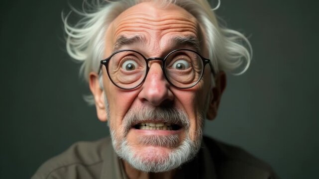 A person with glasses and a beard making a comical expression, great for humor or satire uses