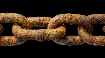 Close up of rusty metal chain links on black background. Concept of strength, connection, corrosion, aging, security.