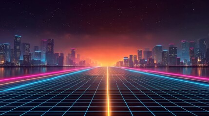 Futuristic neon grid road leading to city skyline at sunset. Retro wave style landscape concept for cyberspace and digital gaming.