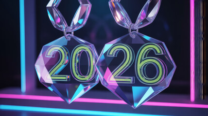 Dazzling crystal awards etched with year 2026 against vibrant neon and dark backdrop