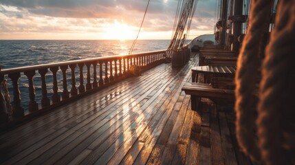 Wooden deck of a sailing ship at sunset with ocean view and cloudy sky reflection. Adventure and travel concept for cruise vacation.