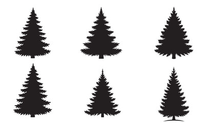 Obraz premium Collection of six black silhouette christmas trees in varying sizes and styles on a white background